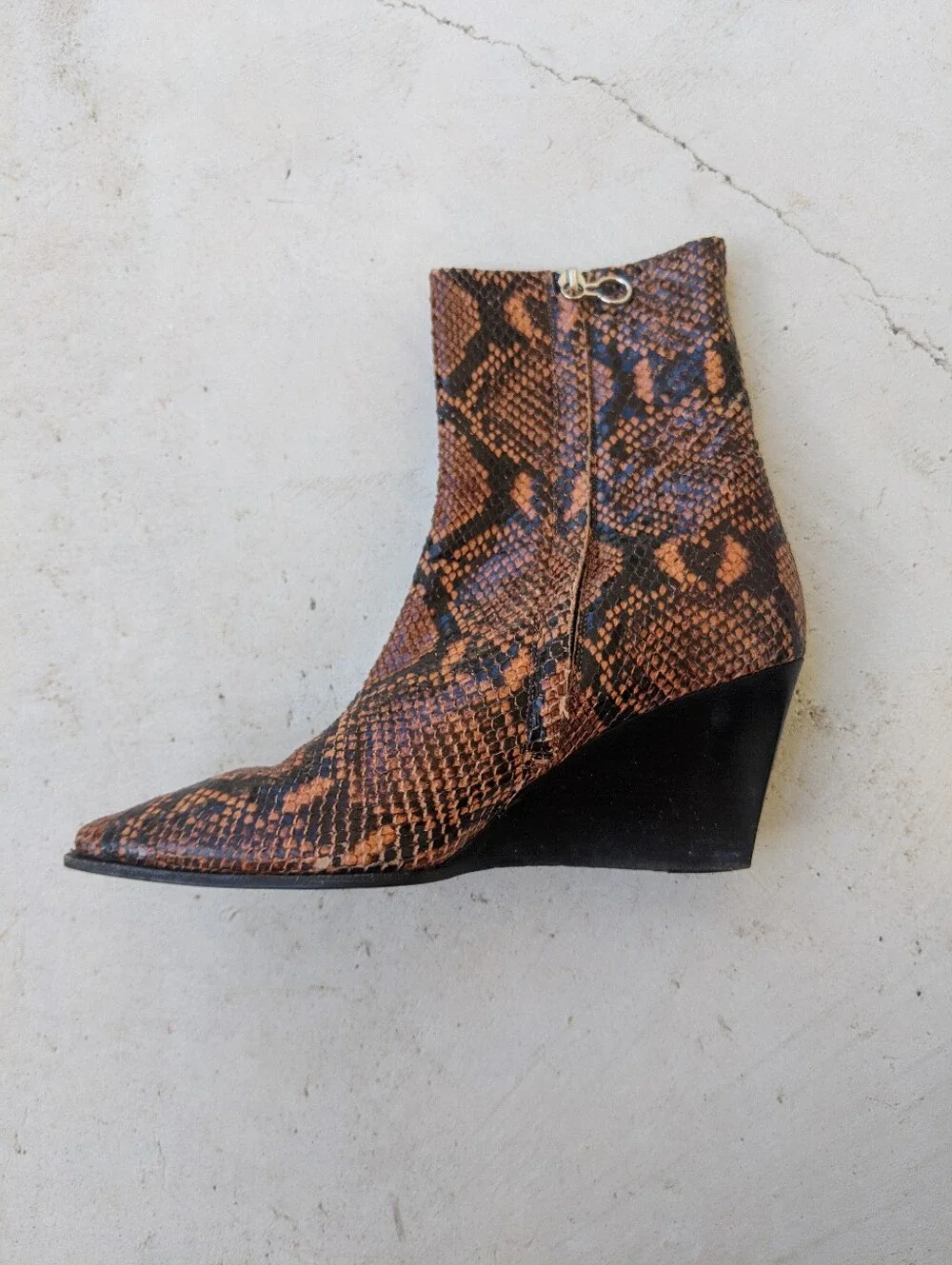AEYDE Orange And Black Snakeskin Pointy Square Toe Ankle Wedges